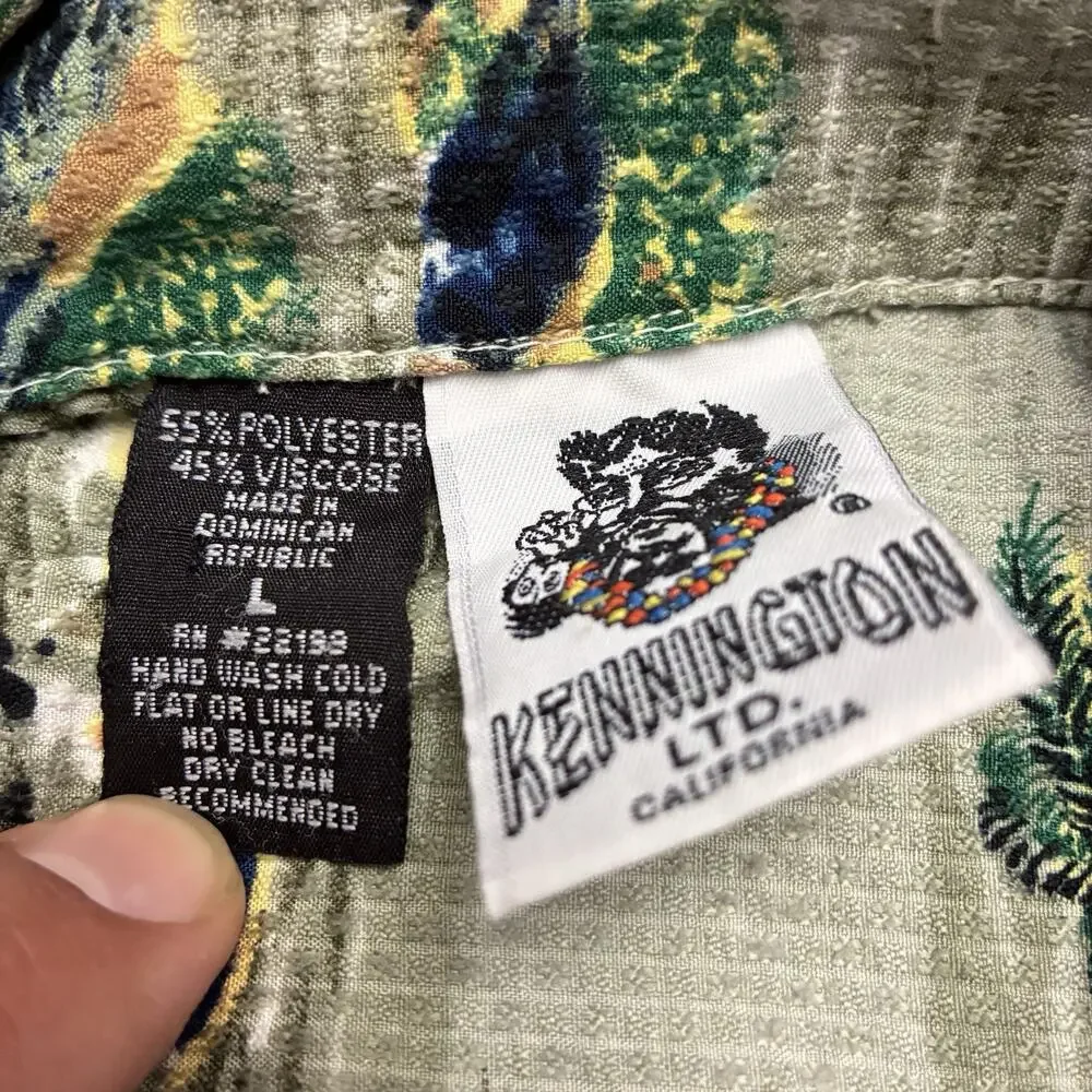 Kennington Shirt Men's L Biege Green Button Up Hawaiian Camp Casual‎ Surf Palm